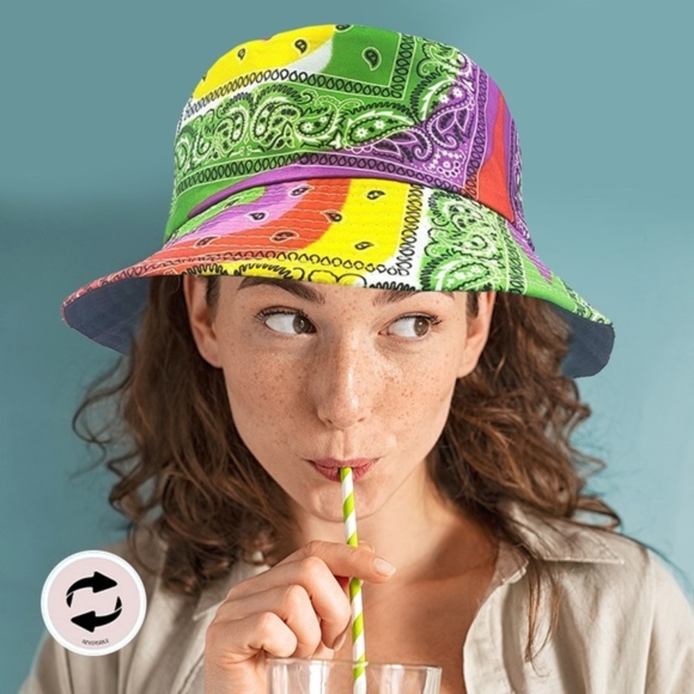 Yellow green orange purple pink paisley print summer spring bucket hat